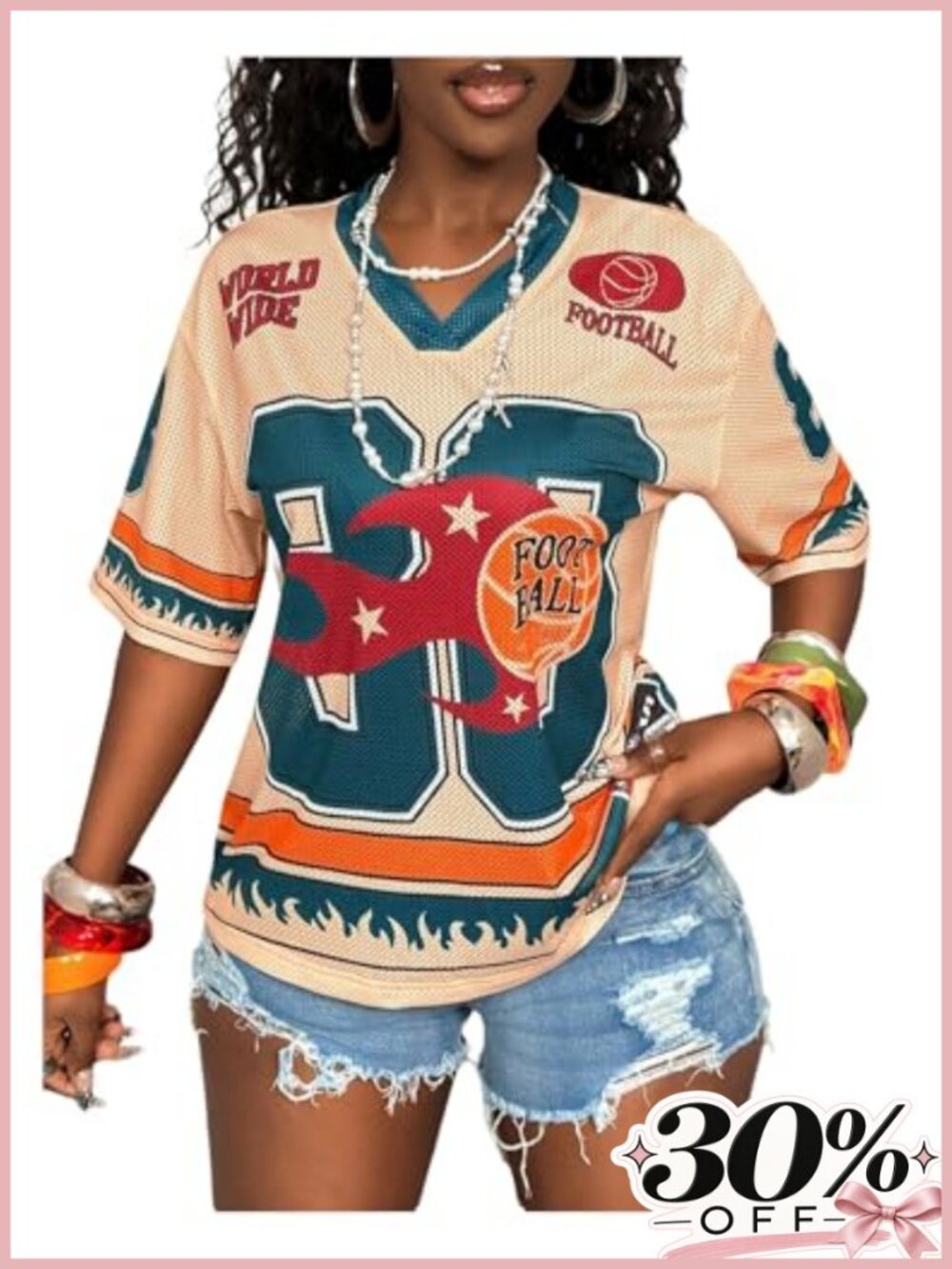 Women's Number Graphic Mesh V-Neck Short Sleeve Tee
